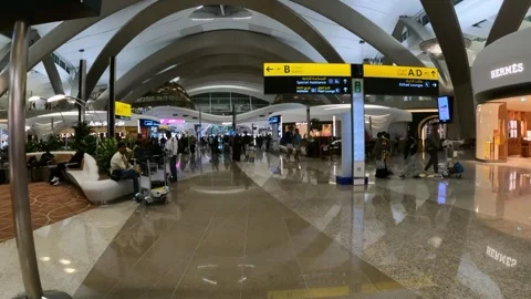Abu Dhabi, UAE - January 8, 2025 - the departure area of Abu Dhabi Airport Stock Footage 302720955