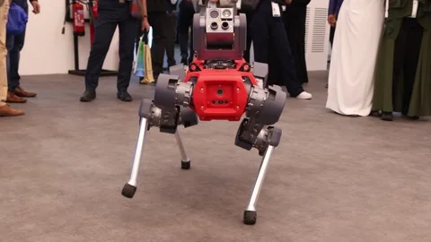Abu Dhabi, UAE - November 5, 2024: Modern robot at the exhibition walking around Video stock 291473605