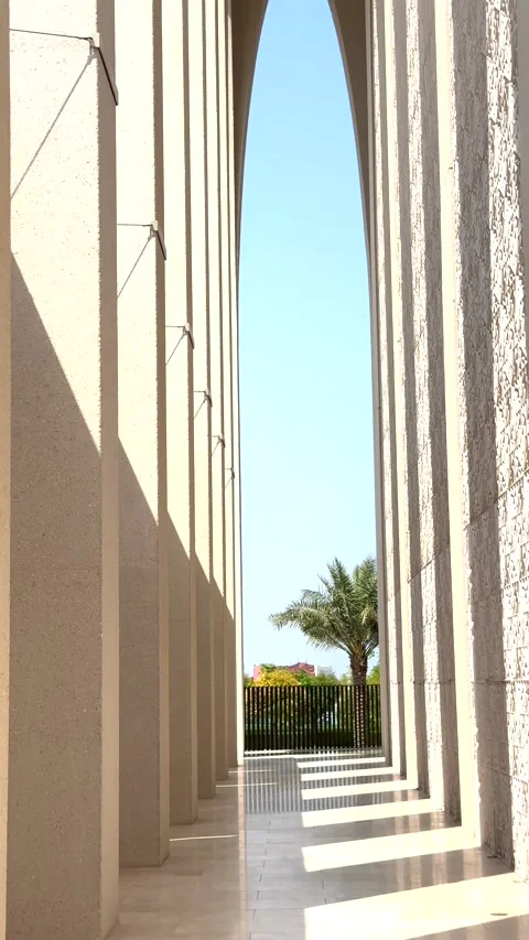 Abu Dhabi, UAE - September 9, 2024: Clean lines, columns, arches, light-toned Stock Footage 284260436