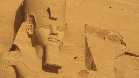 Abu Simbel Main Temple Outside Statue Head And Broken Head Stock Footage 136897455