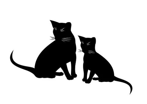 Abyssinian cat and kitten vector isolated illustration. Black and white silho Stock Illustration