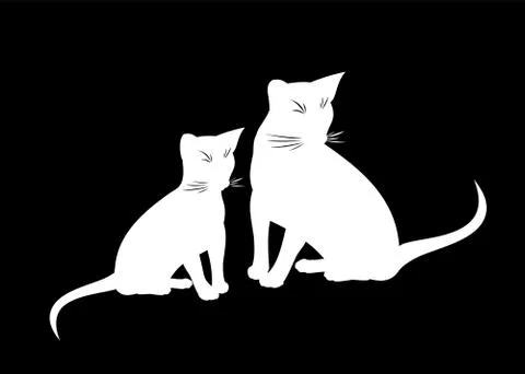 Abyssinian cat and kitten vector isolated illustration. Black and white silho Stock Illustration