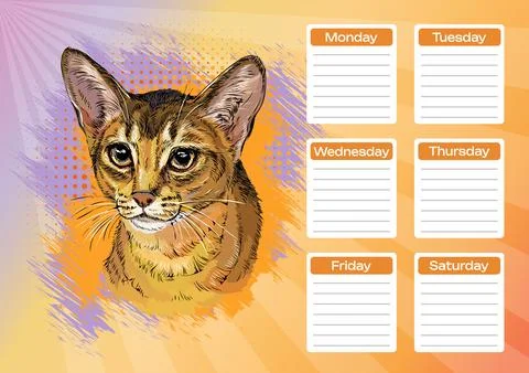 Abyssinian cat printable planner and school schedule vector Stock Illustration