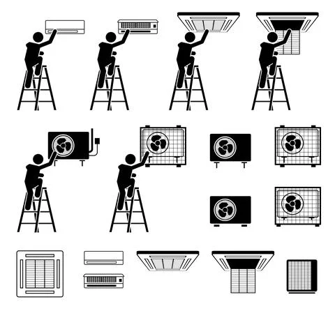 AC air conditioner conditioning unit. Man checking servicing air-conditioner  Stock Illustration