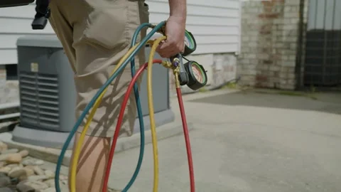 AC Repair camera dolly behind mans legs holding gauges and hoses walking 6K Video stock 201947941