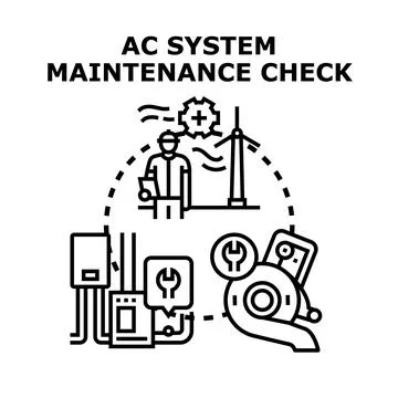 Ac system maintenance check process with technician and repair equipment Stock Illustration