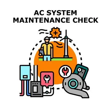 Ac system maintenance check process with technician and repair equipment Stock Illustration