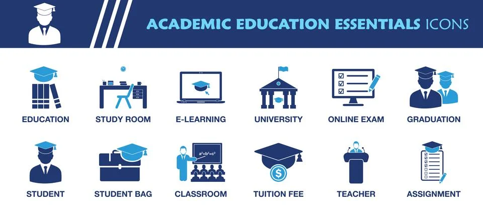 Academic Education Essentials Icon Set. Collection of Student, Teacher, Cla.. Stock Illustration
