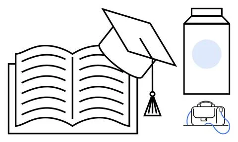 Academic Essentials Open Book, Graduation Cap, Milk Carton, and Satchel Stock Illustration