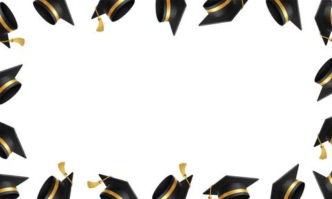 Academic graduation cap border frame with black mortarboards and golden tassels Stock Illustration