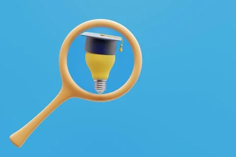 Academic graduation cap on a light bulb in a magnifying glass. Stock Illustration