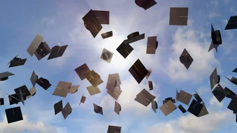 Academic graduation caps throwing in the sky background, university graduation Stock Footage
