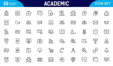 Academic line icon set. studying and science. Includes human brain, fields .. Stock Illustration