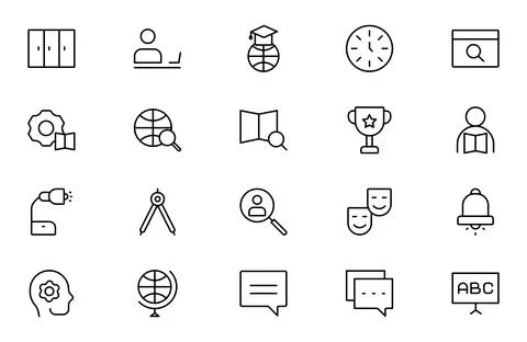 Academic line icon set. studying and science. Includes human brain, fields .. Stock Illustration