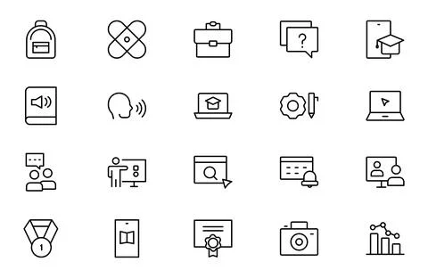 Academic line icon set. studying and science. Includes human brain, fields .. Stock Illustration