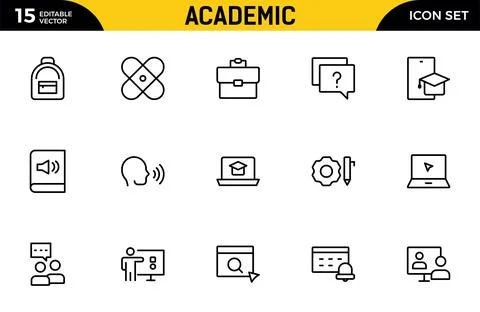 Academic line icon set. studying and science. Includes human brain, fields .. Stock Illustration