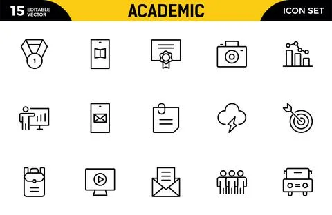 Academic line icon set. studying and science. Includes human brain, fields .. Stock Illustration