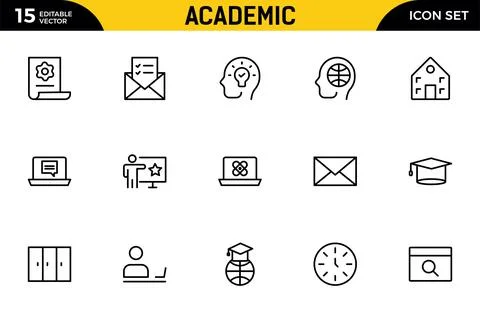 Academic line icon set. studying and science. Includes human brain, fields .. Stock Illustration