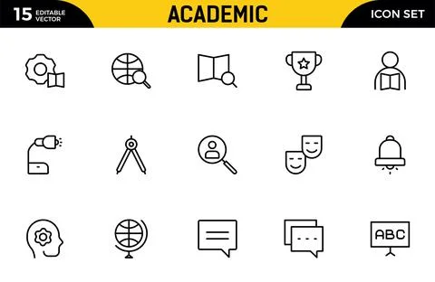 Academic line icon set. studying and science. Includes human brain, fields .. Stock Illustration