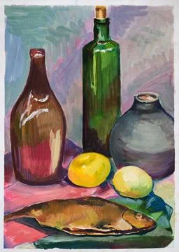 An academic still life with fish, lemons, bottles and a jug painted in gouach Stock Illustration