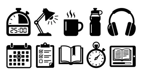 Academic study and pomodoro technique icons for efficient time tracking. Stock Illustration