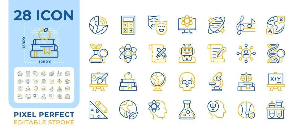 Academic subjects pixel perfect two color line icons set Stock Illustration