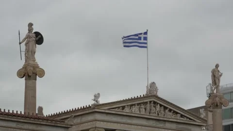 Academy of Athens - Statue and Flag Exterior. Stock Footage 327770622