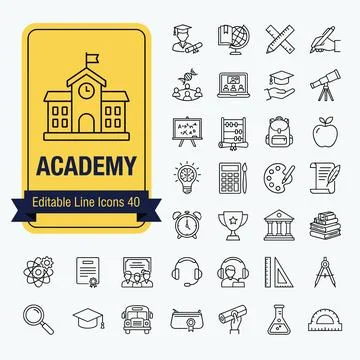Academy building with flag and clock, surrounded by editable line icons for.. Stock Illustration