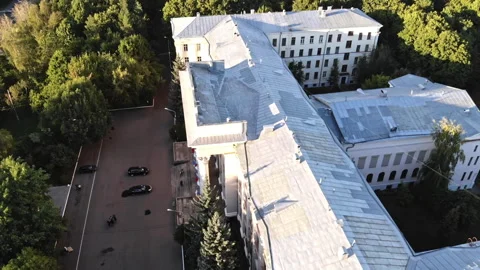 Academy main building among summer trees, aerial, Moscow Stock Footage 277650530