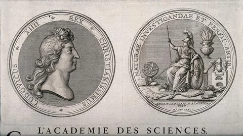 The Acadmie des Sciences, Paris: two medals. Line engraving. Ilustração Stock