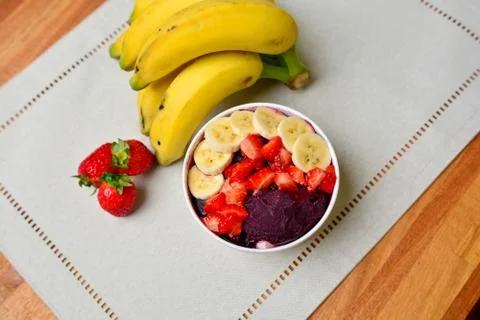 Acai Bowl With Fruits Salad Banana Mango Kiwi and Strawberry, Delicious Ac?ai Stock Photos