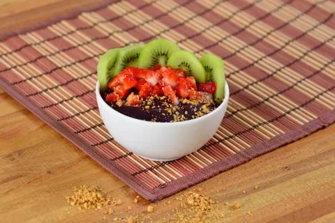 Acai Bowl With Fruits Salad Banana Mango Kiwi and Strawberry, Delicious Ac?ai Stock Photos