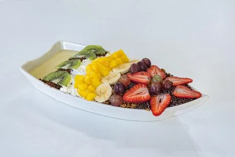Acai bowl top shot fresh fruity arrangement Stock Photos