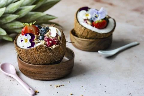 Acai smoothie in coconut shell Stock Photos