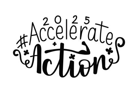 Accelerate Action 2025 with hand showing strength. Handdrawn calligraphy Inte Stock Illustration