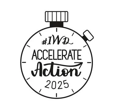 Accelerate Action lettering of IWD 2025 in silhouette of stopwatch. Hand draw Stock Illustration