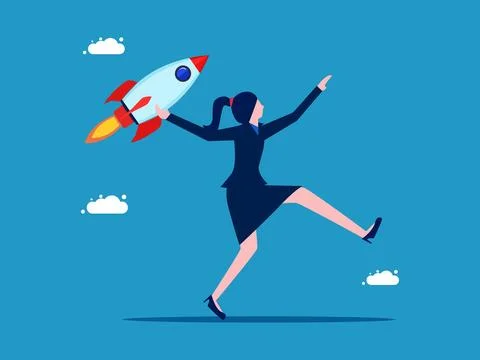 Accelerate in development. Businesswoman throwing rocket with all might Stock Illustration
