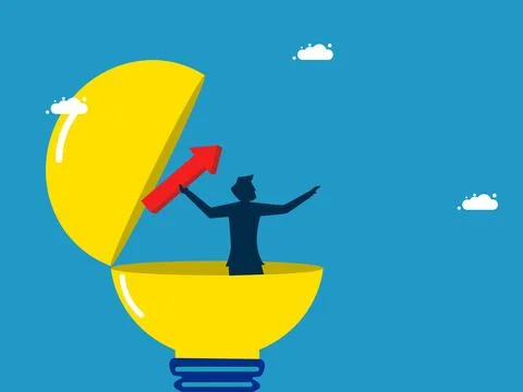 Accelerate innovation progress. Businessman throws red arrow from light bulb Stock Illustration