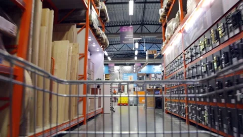 Accelerated video from hardware store. View from basket trolley Stock Footage 91734733