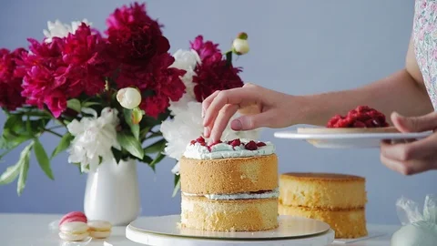 Accelerated video of putting berries into multilayered cake filling. Video stock 105448112