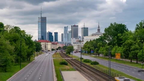 Accelerated View of Warsaw Roads and Train Movement in Mokotow Stock Footage 279142277