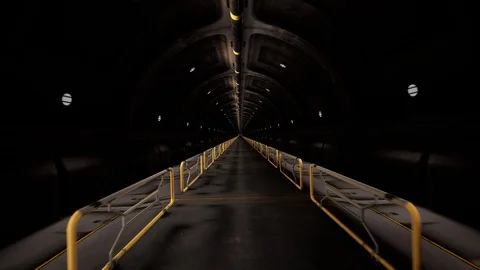 Acceleration and slow braking in dark sci-fi steel tunnel 스톡 동영상 129268221
