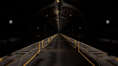 Acceleration and slow braking in dark sci-fi steel tunnel Stock Footage 129268275