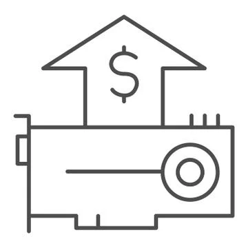 Accelerator card thin line icon. Hardware market share growth arrow and dollar Stock Illustration