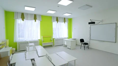 Accent wall frames large bright windows with soft curtains Stock Footage 334141957