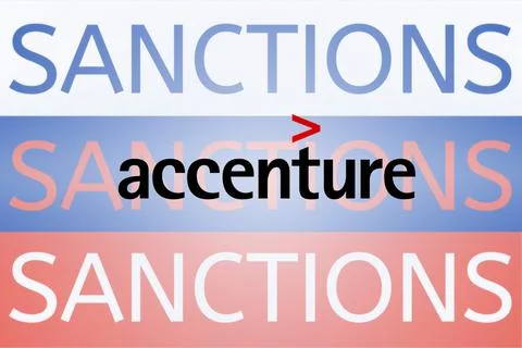 Accenture logo in front of the Russian flag. Sanctions against Russia over its Иллюстрация