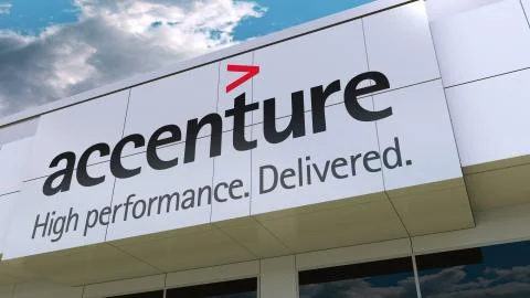 Accenture logo on the modern building facade. Editorial 3D rendering Ilustración de archivo
