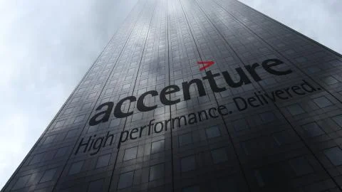 Accenture logo on a skyscraper facade reflecting clouds. Editorial 3D rendering Stock Illustration