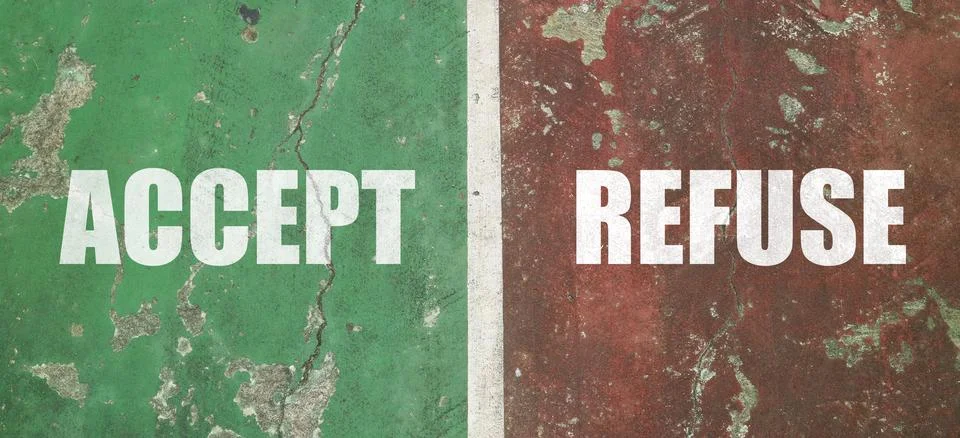 ACCEPT and REFUSE text in white bold font, separated by a white line on a w.. Stock Photos