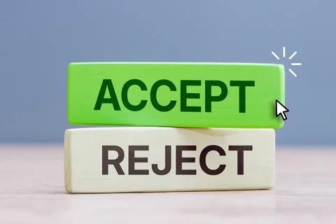 Accept and reject decision concept with wooden blocks, cursor icon and appr.. Stock Photos